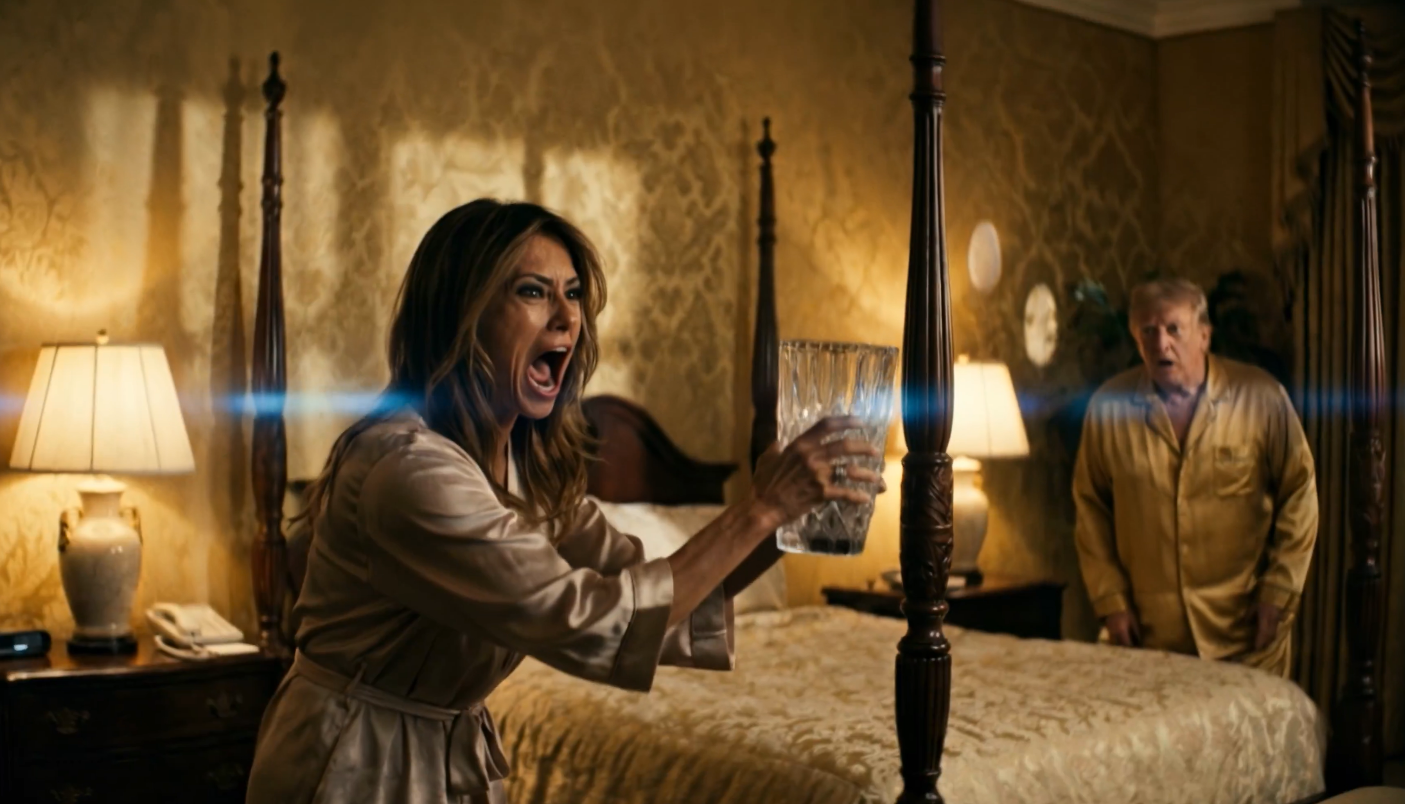 Scene from Ari Kuschnir's imagined Melania Super Bowl commercial showing emotional portrait